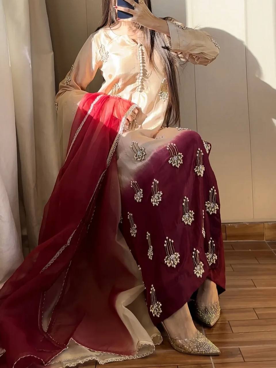 Graceful ethnic look with rich maroon dupatta and classy beige kurta vibes