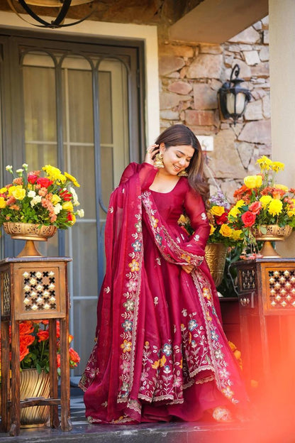 Elegant Maroon Anarkali with Organza Dupatta