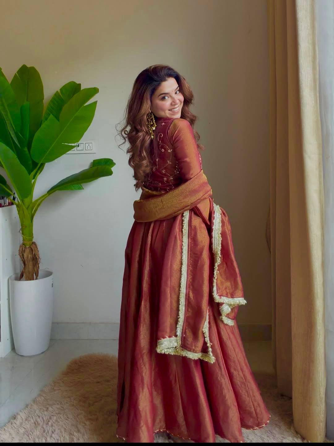 Embroidered Silk Anarkali Suit with Flared Skirt & Dupatta