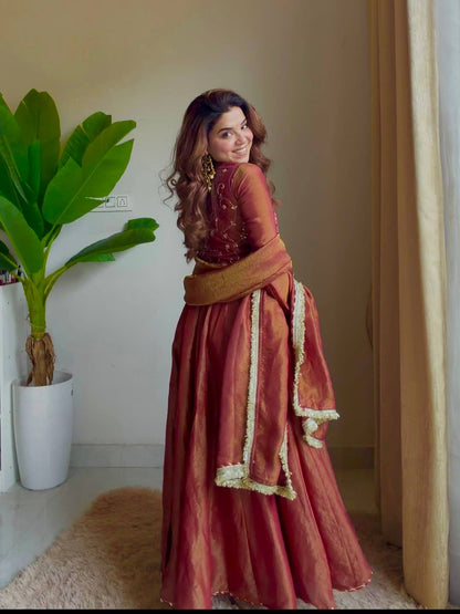 Embroidered Silk Anarkali Suit with Flared Skirt & Dupatta