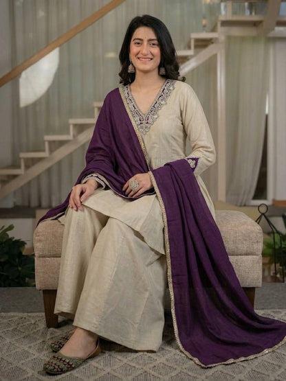 Women's Ivory Beige Designer Kurta Palazzo Set with Purple Dupatta
