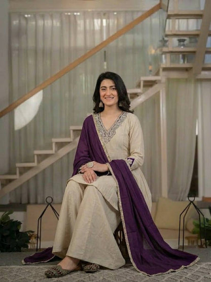 Women's Ivory Beige Designer Kurta Palazzo Set with Purple Dupatta