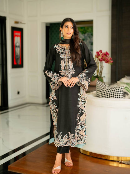 Black Floral Embroidered Rayon Straight Kurta with Flared Sleeves
