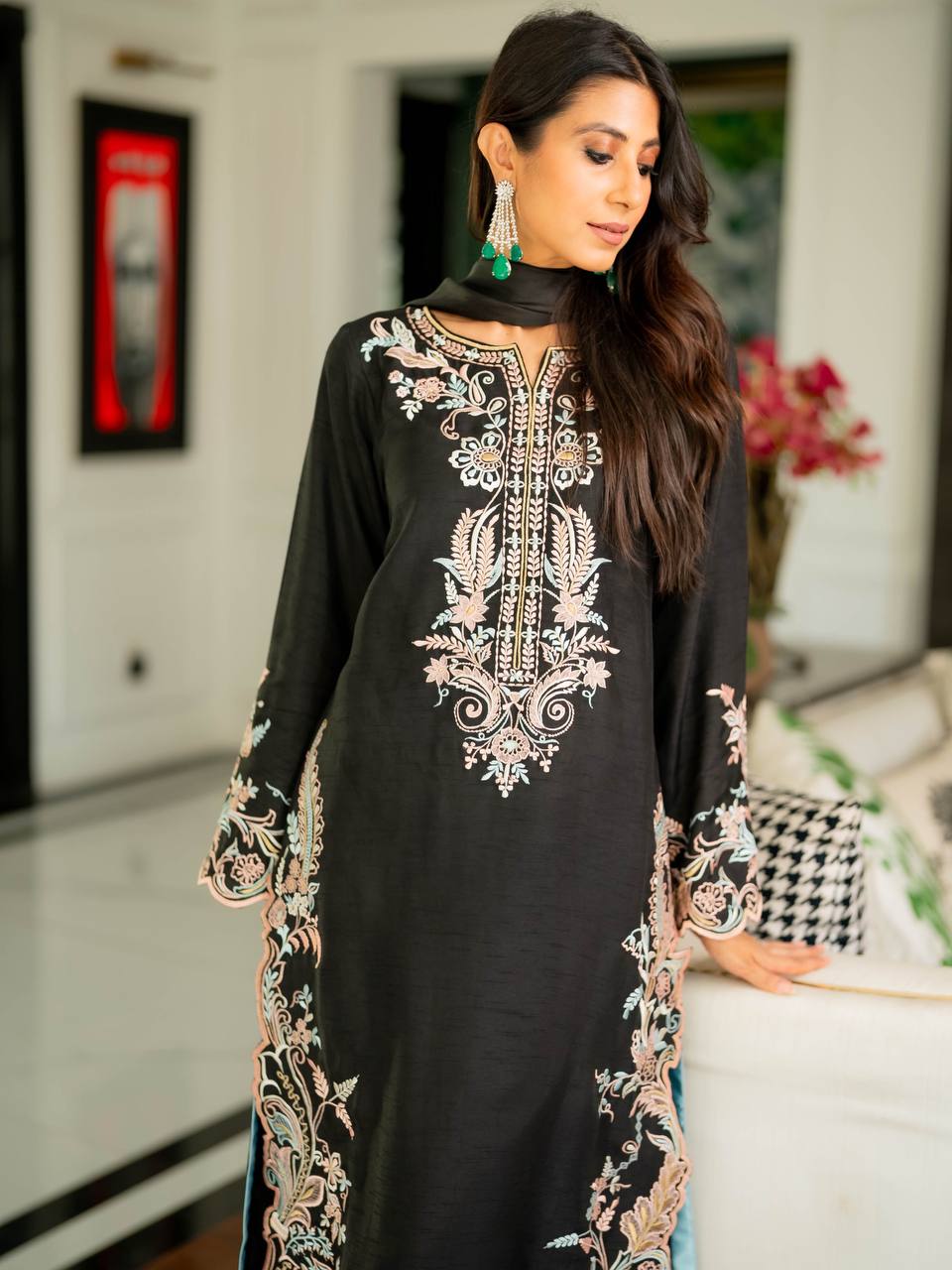 Black Floral Embroidered Rayon Straight Kurta with Flared Sleeves