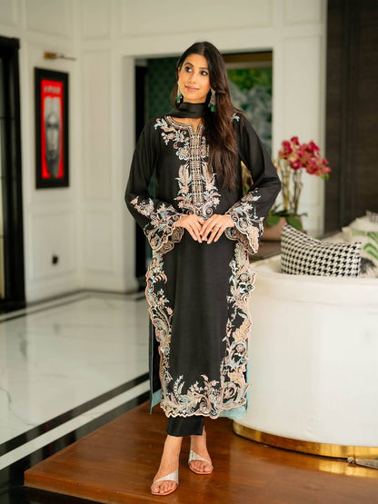 Black Floral Embroidered Rayon Straight Kurta with Flared Sleeves