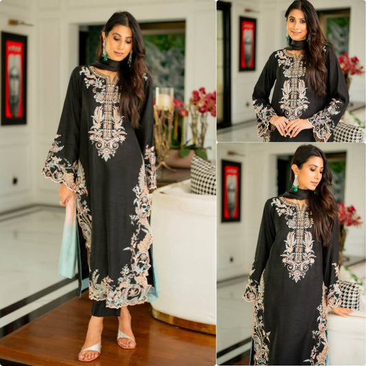 Black Floral Embroidered Rayon Straight Kurta with Flared Sleeves