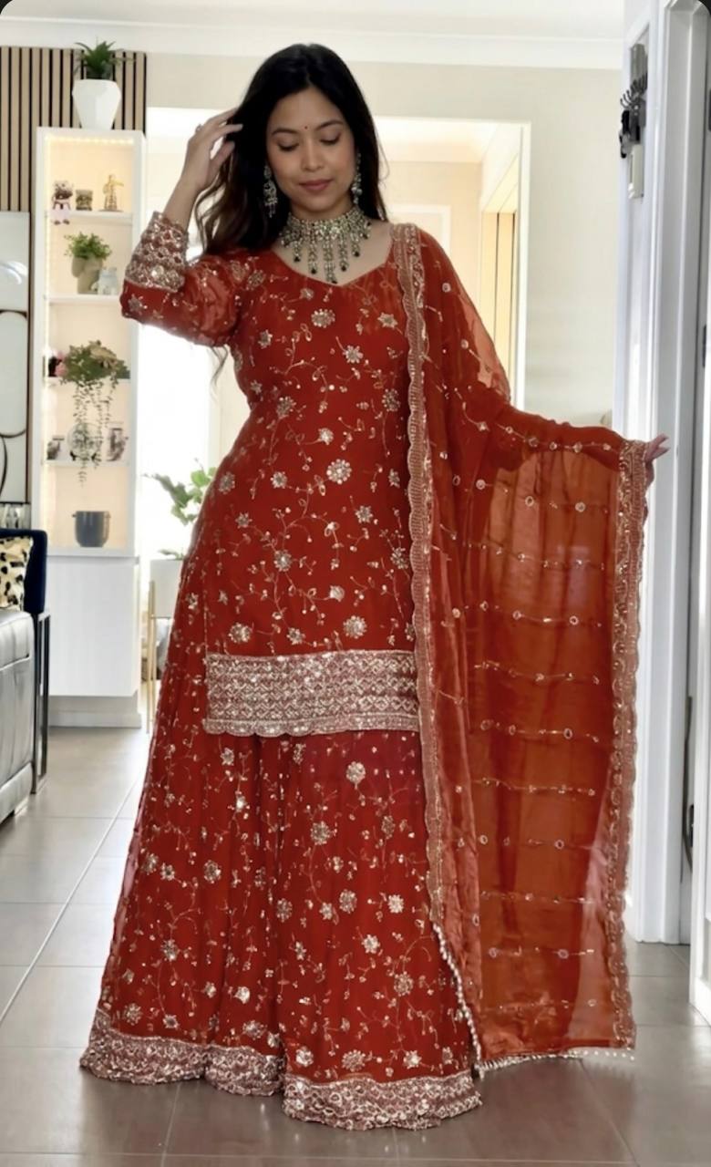 Elegant Red Designer Sharara Suit with Heavy Embroidery Dupatta