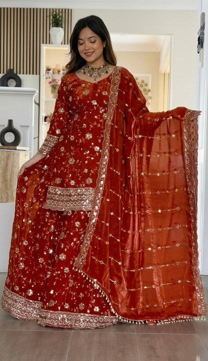 Elegant Red Designer Sharara Suit with Heavy Embroidery Dupatta