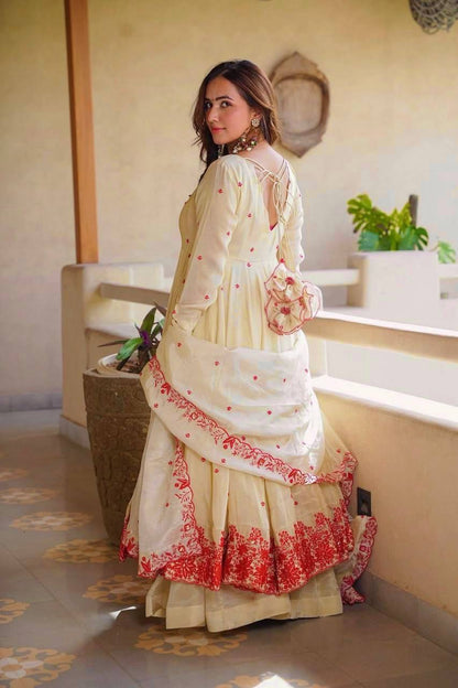 Women's Cream Floral Embroidered Anarkali Kurta Set with Dupatta