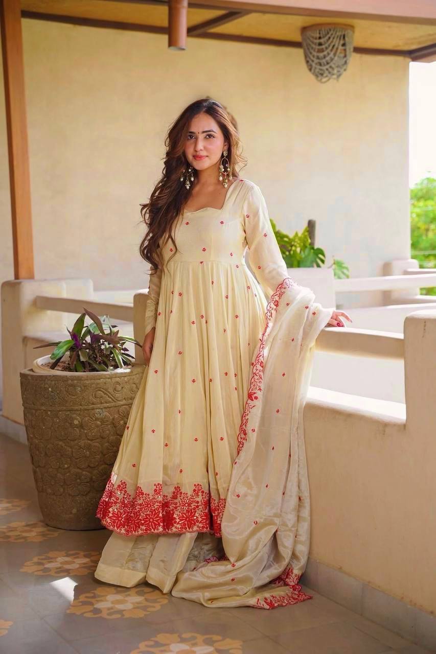 Women's Cream Floral Embroidered Anarkali Kurta Set with Dupatta