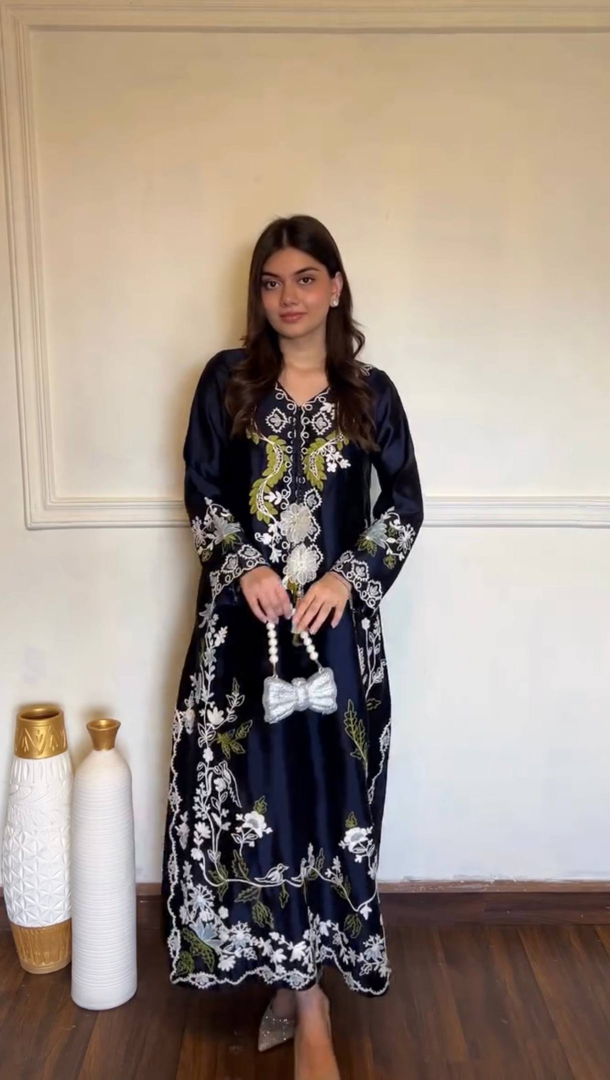 Premium Navy Blue Floral Thread Embroidered Straight Kurta for Women