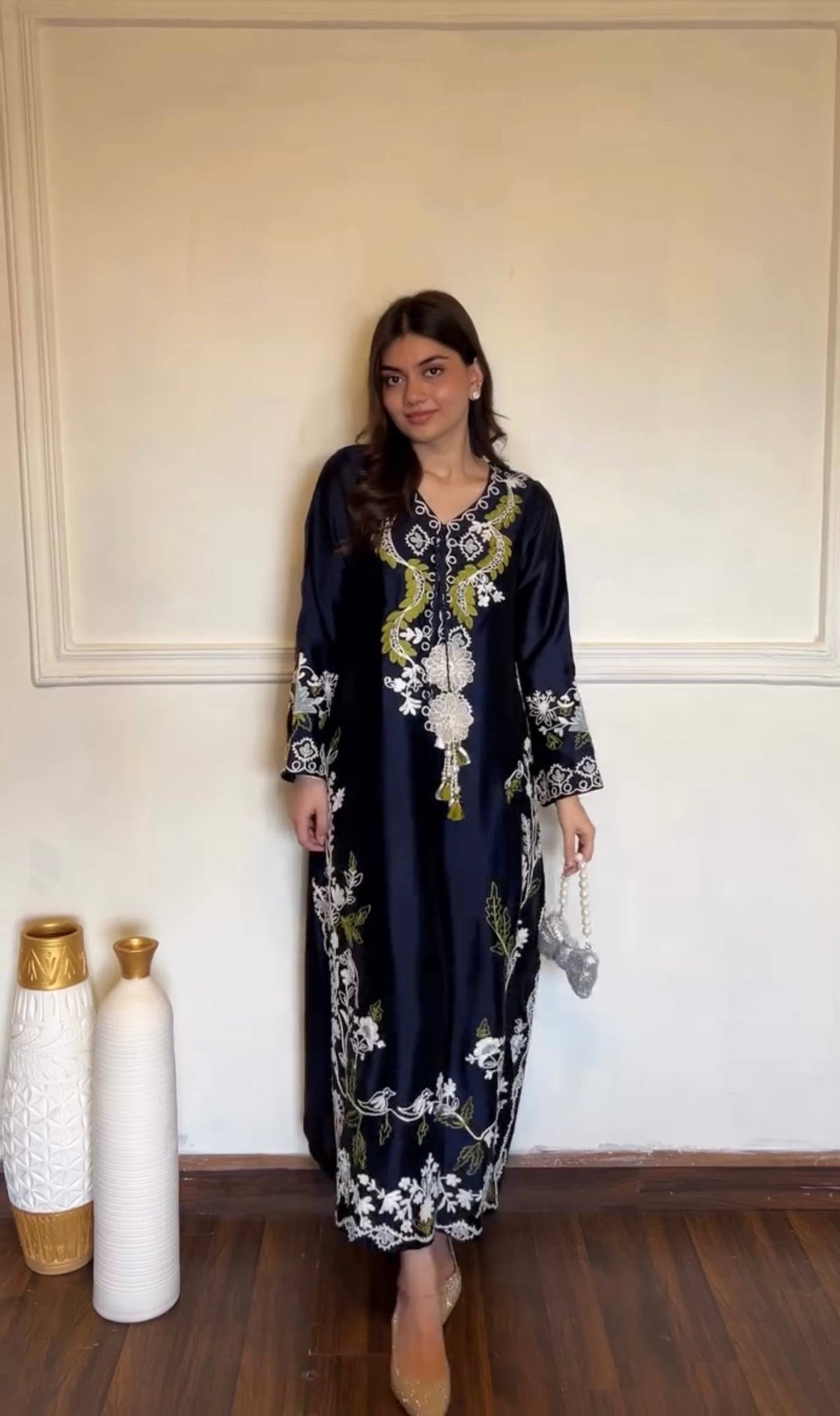 Premium Navy Blue Floral Thread Embroidered Straight Kurta for Women