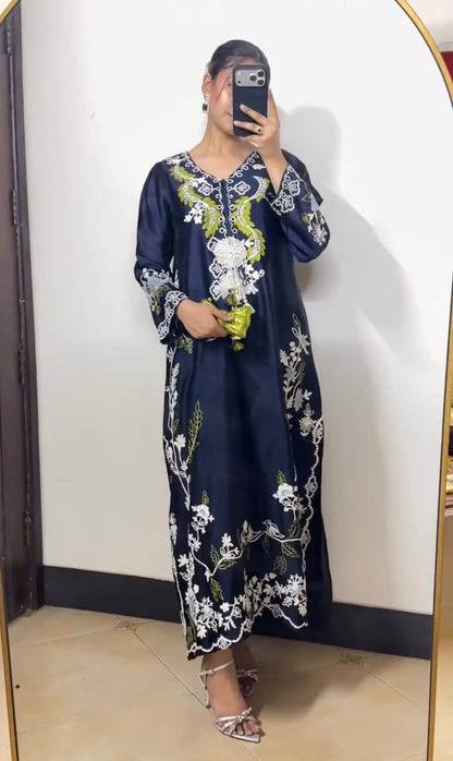 Premium Navy Blue Floral Thread Embroidered Straight Kurta for Women