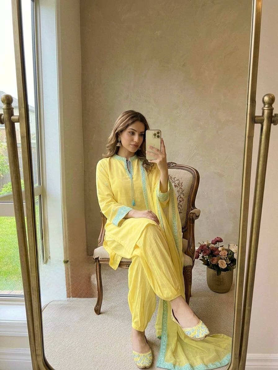 Pastel Yellow Embroidered Rayon Punjabi Suit Set with Patiala Pants