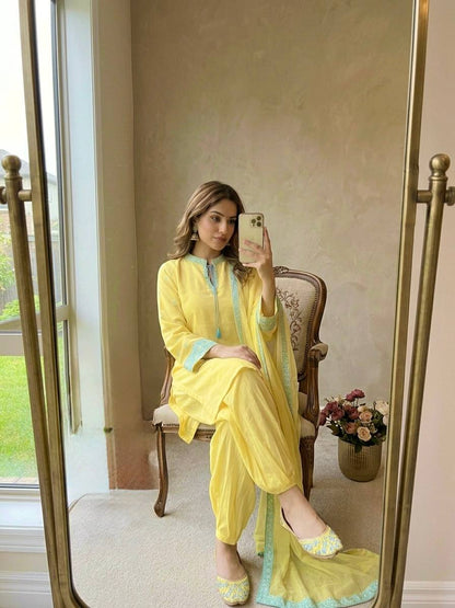 Pastel Yellow Embroidered Rayon Punjabi Suit Set with Patiala Pants