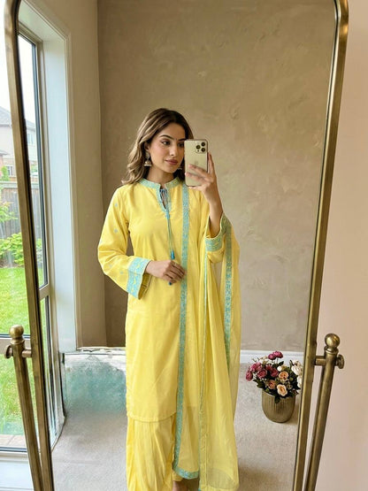 Pastel Yellow Embroidered Rayon Punjabi Suit Set with Patiala Pants