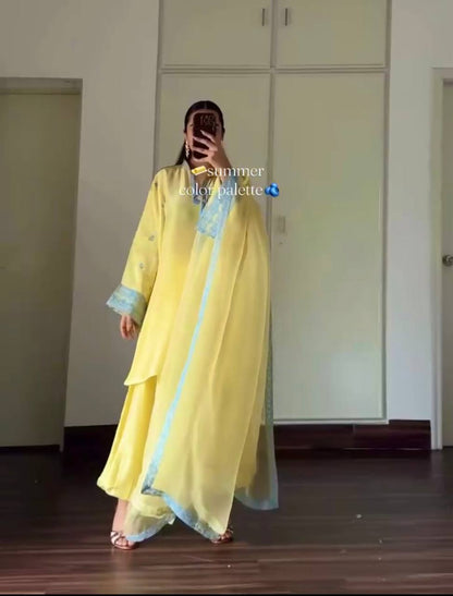 Pastel Yellow Embroidered Rayon Punjabi Suit Set with Patiala Pants