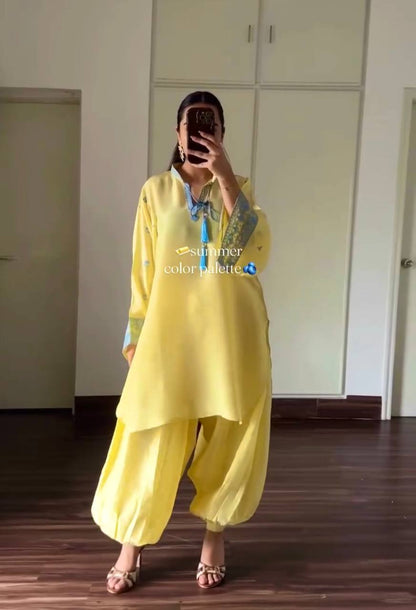 Pastel Yellow Embroidered Rayon Punjabi Suit Set with Patiala Pants