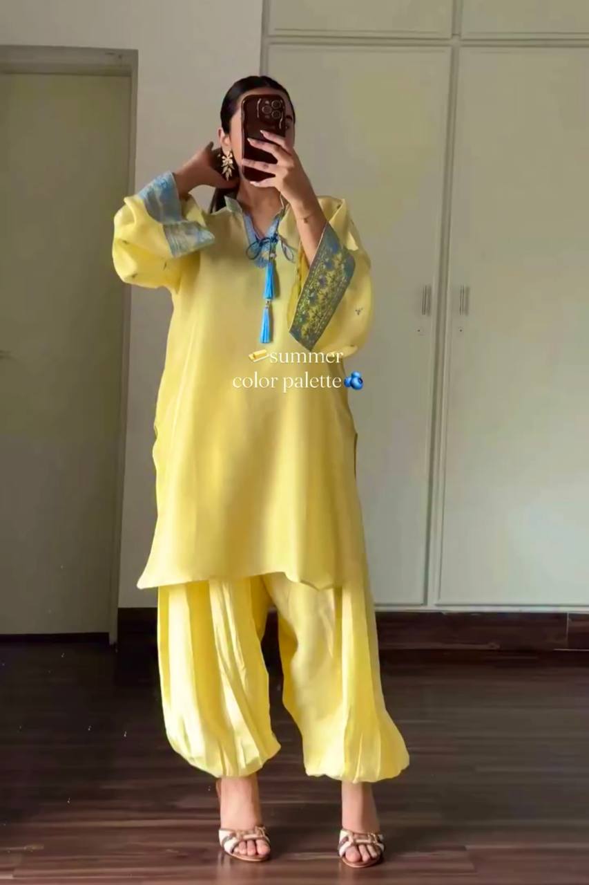 Pastel Yellow Embroidered Rayon Punjabi Suit Set with Patiala Pants