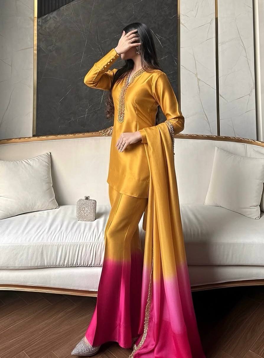 Designer Cream Blue Ombre Kurta Palazzo Set for Women