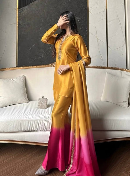 Designer Cream Blue Ombre Kurta Palazzo Set for Women