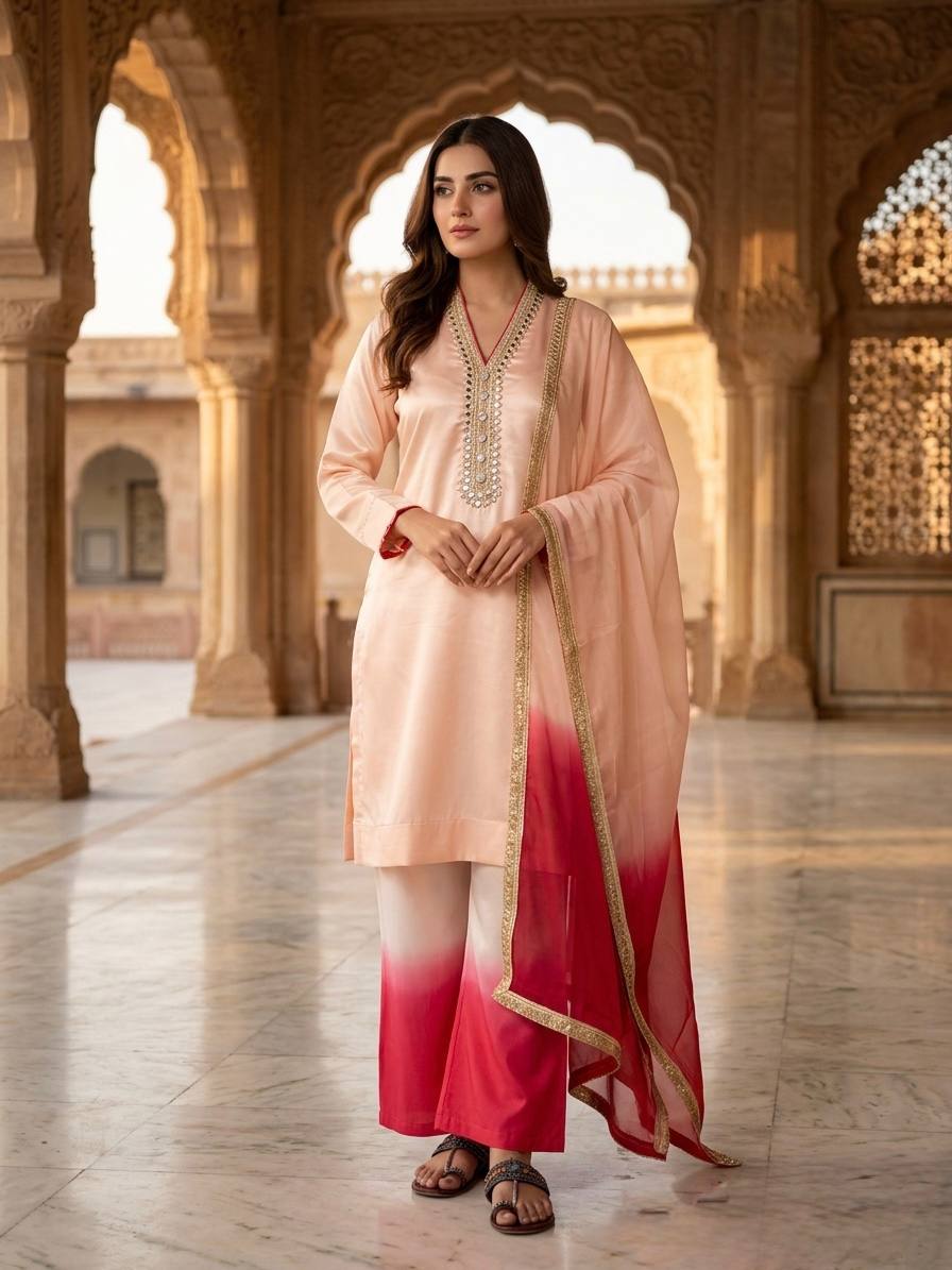 Designer Cream Blue Ombre Kurta Palazzo Set for Women