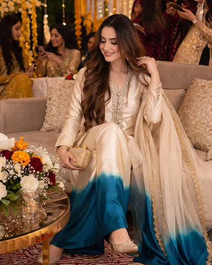 Designer Cream Blue Ombre Kurta Palazzo Set for Women