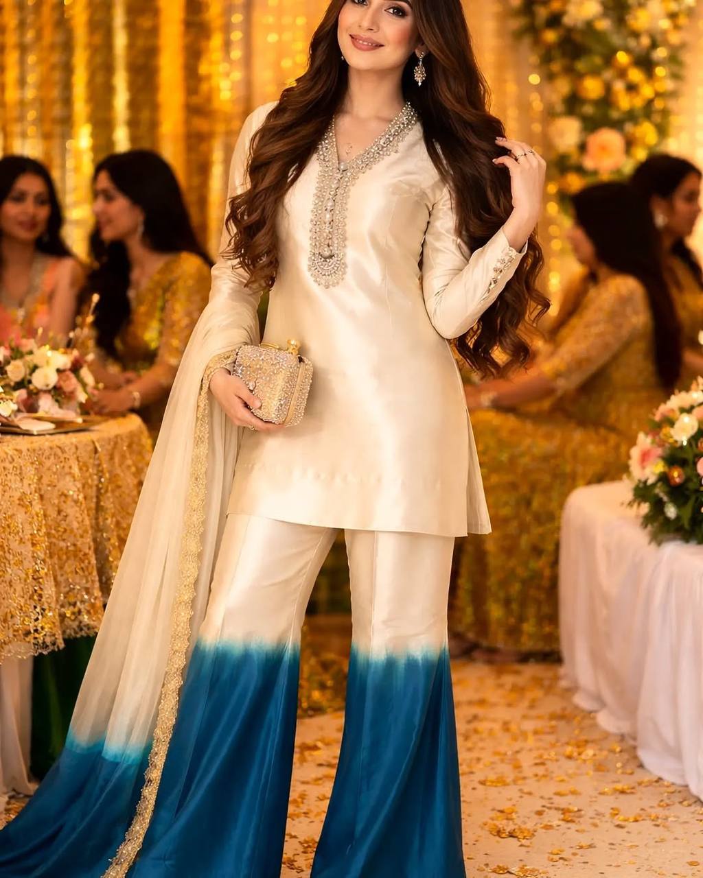 Designer Cream Blue Ombre Kurta Palazzo Set for Women
