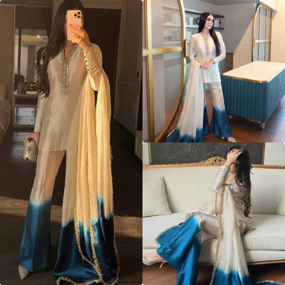 Designer Cream Blue Ombre Kurta Palazzo Set for Women
