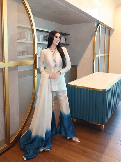 Designer Cream Blue Ombre Kurta Palazzo Set for Women