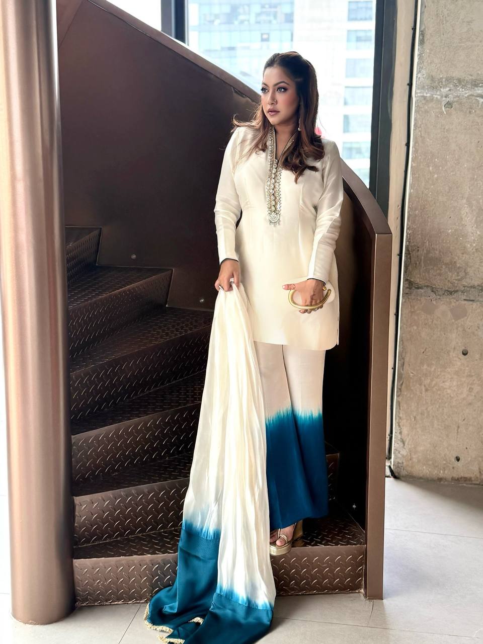Designer Cream Blue Ombre Kurta Palazzo Set for Women
