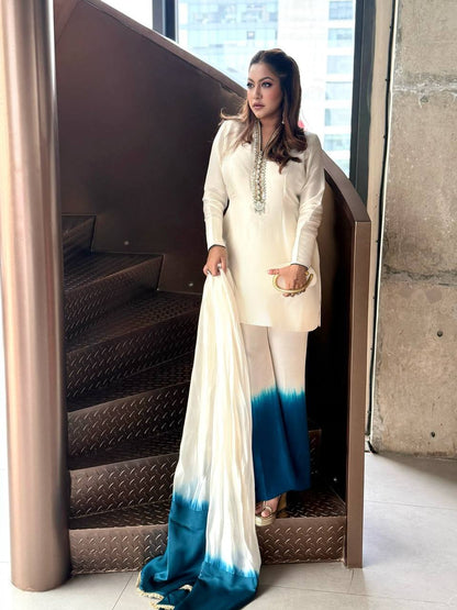 Designer Cream Blue Ombre Kurta Palazzo Set for Women