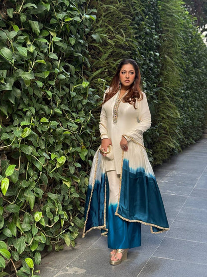 Designer Cream Blue Ombre Kurta Palazzo Set for Women