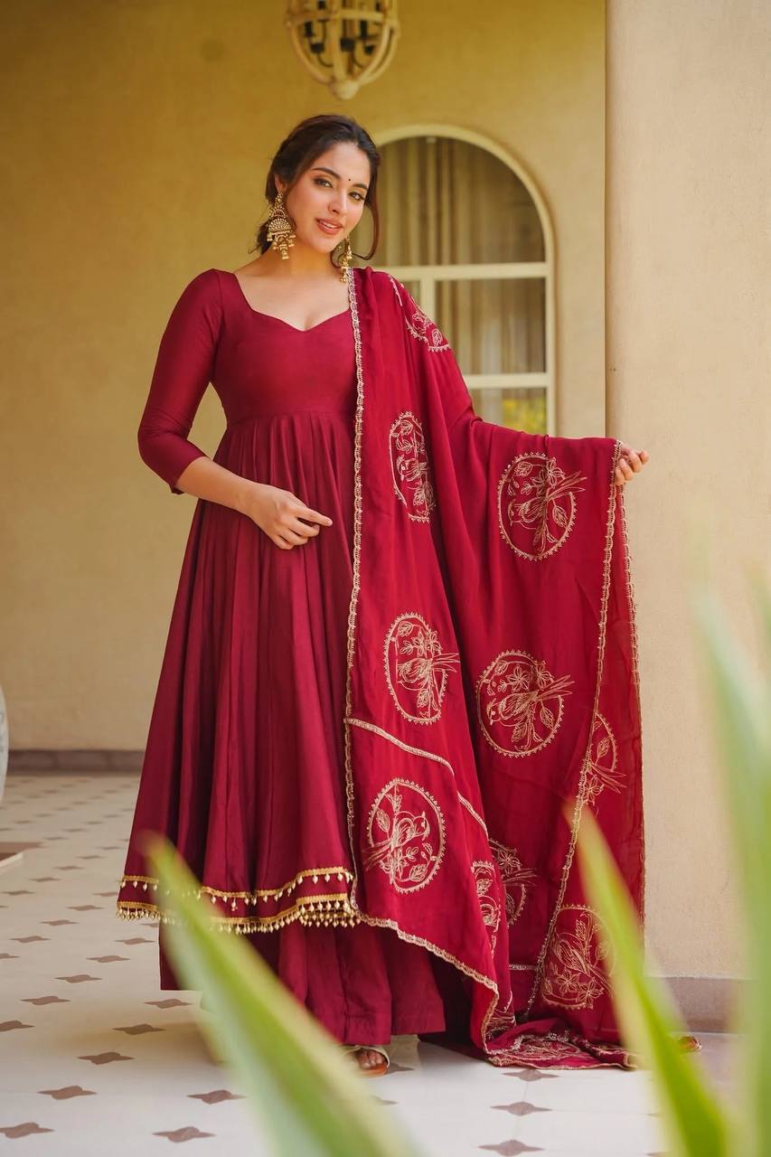 Designer Maroon Muslin Anarkali Suit Set with Dupatta for Women