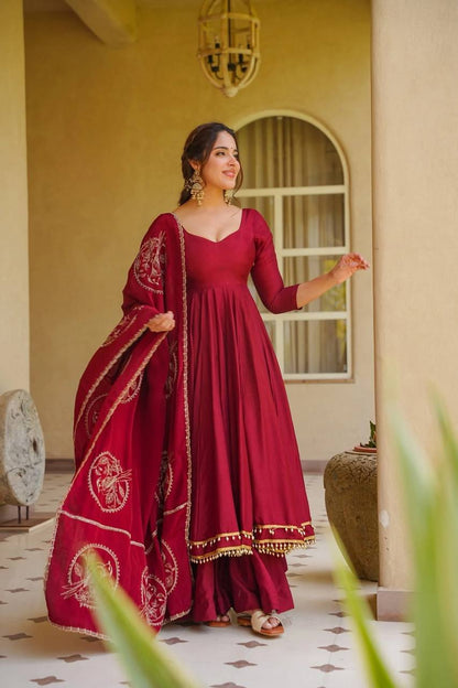 Designer Maroon Muslin Anarkali Suit Set with Dupatta for Women