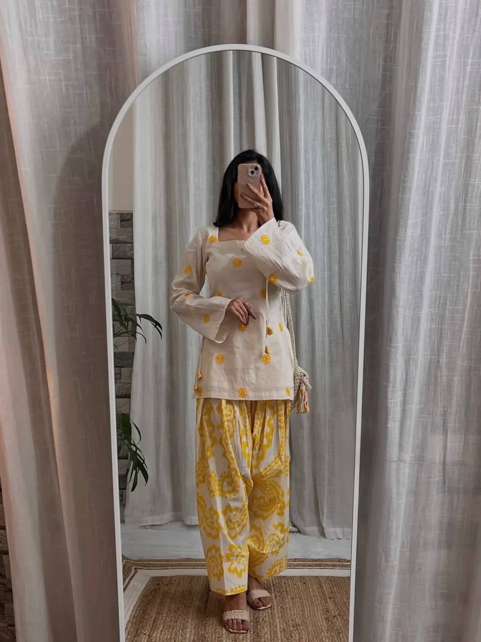 Women's White Sunflower Kurti with Yellow Printed  Farshi Pant Set