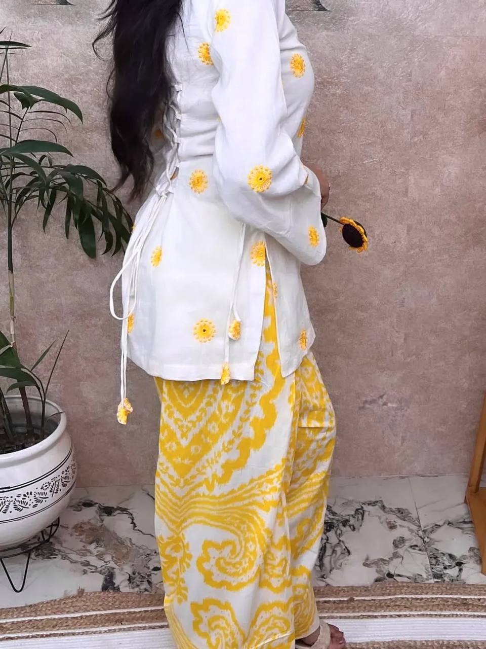 Women's White Sunflower Kurti with Yellow Printed  Farshi Pant Set