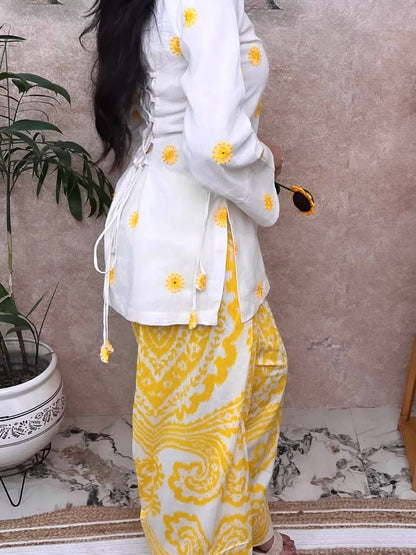 Women's White Sunflower Kurti with Yellow Printed  Farshi Pant Set