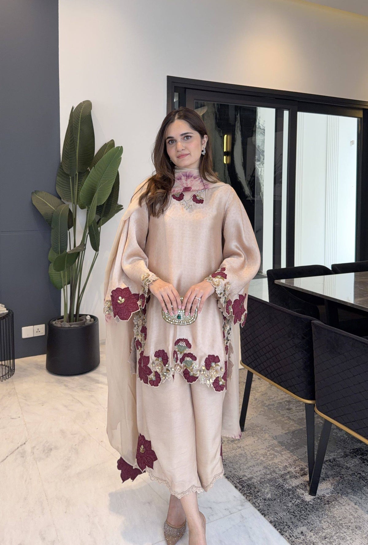 Elegant traditional outfit with floral embroidery showcasing grace, style, and modern sophistication