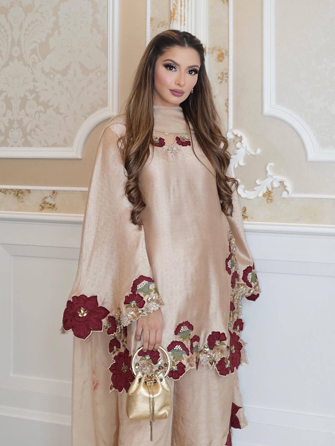 Elegant traditional outfit with floral embroidery showcasing grace, style, and modern sophistication