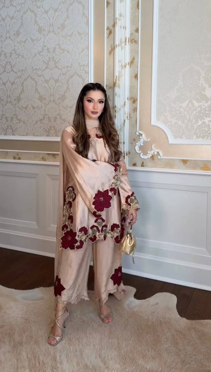 Elegant traditional outfit with floral embroidery showcasing grace, style, and modern sophistication