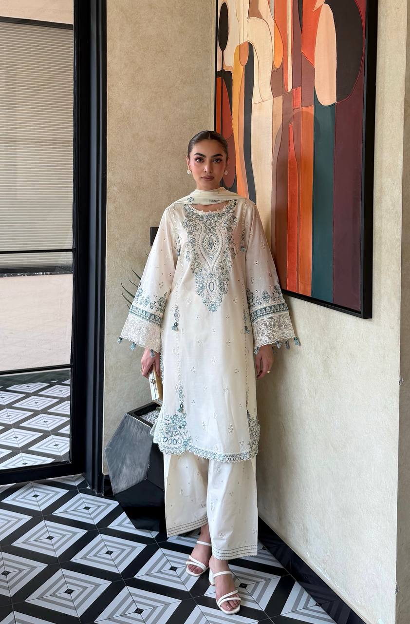 Ivory White Embroidered Cotton Fully Stitched Straight Kurta with Embroidered & Dupatta