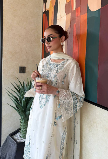 Ivory White Embroidered Cotton Fully Stitched Straight Kurta with Embroidered & Dupatta