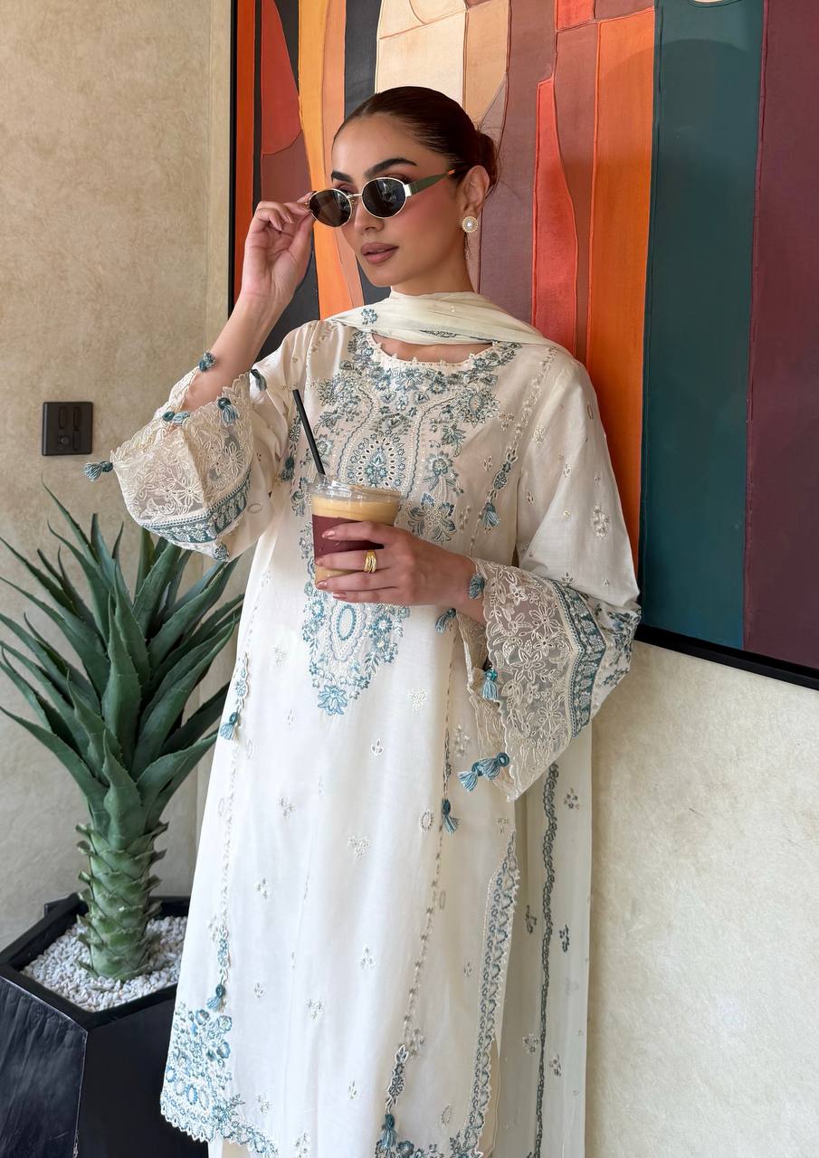 Ivory White Embroidered Cotton Fully Stitched Straight Kurta with Embroidered & Dupatta