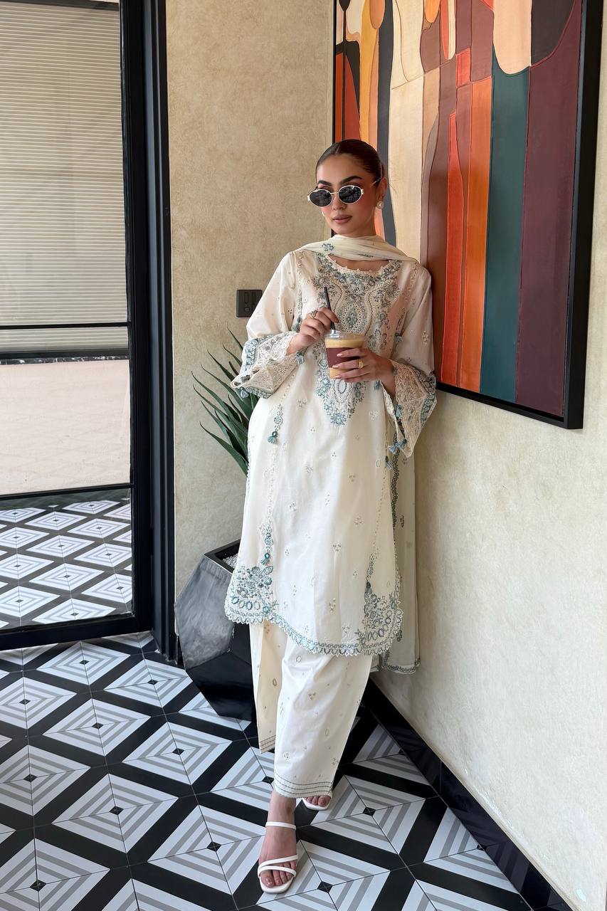 Ivory White Embroidered Cotton Fully Stitched Straight Kurta with Embroidered & Dupatta