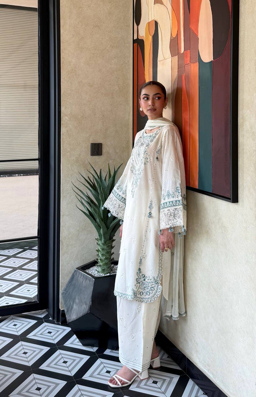 Ivory White Embroidered Cotton Fully Stitched Straight Kurta with Embroidered & Dupatta