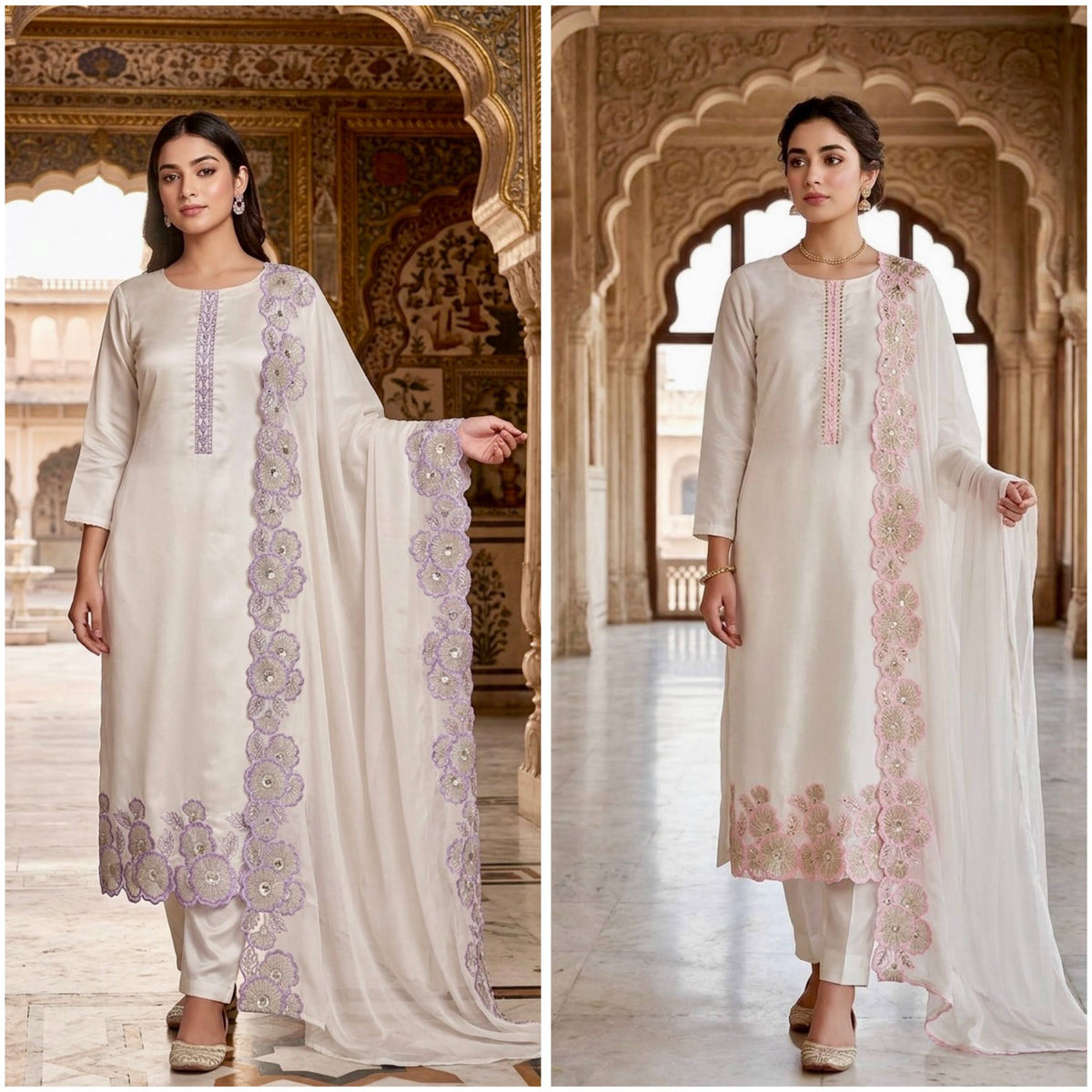 Off White Floral Embroidered Straight Kurta with Dupatta Set
