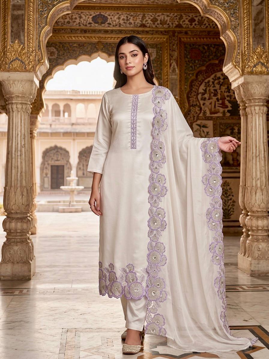 Off White Floral Embroidered Straight Kurta with Dupatta Set