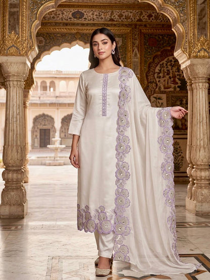 Off White Floral Embroidered Straight Kurta with Dupatta Set