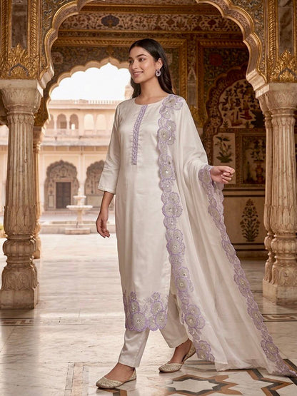 Off White Floral Embroidered Straight Kurta with Dupatta Set